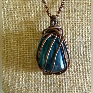 Copper Wire-Wrapped Apatite Blue Stone Pendant Necklace